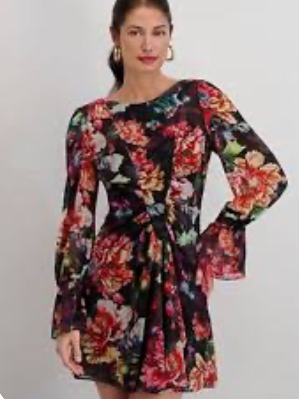 Siena NWT 14 Chiffon Black Floral Long Sleeve Tie-Waist Mini Dress